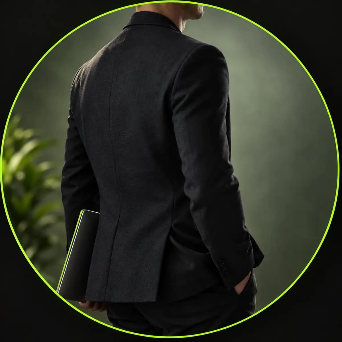 Anonymous entrepreneur portrait with dark blazer and cropped face