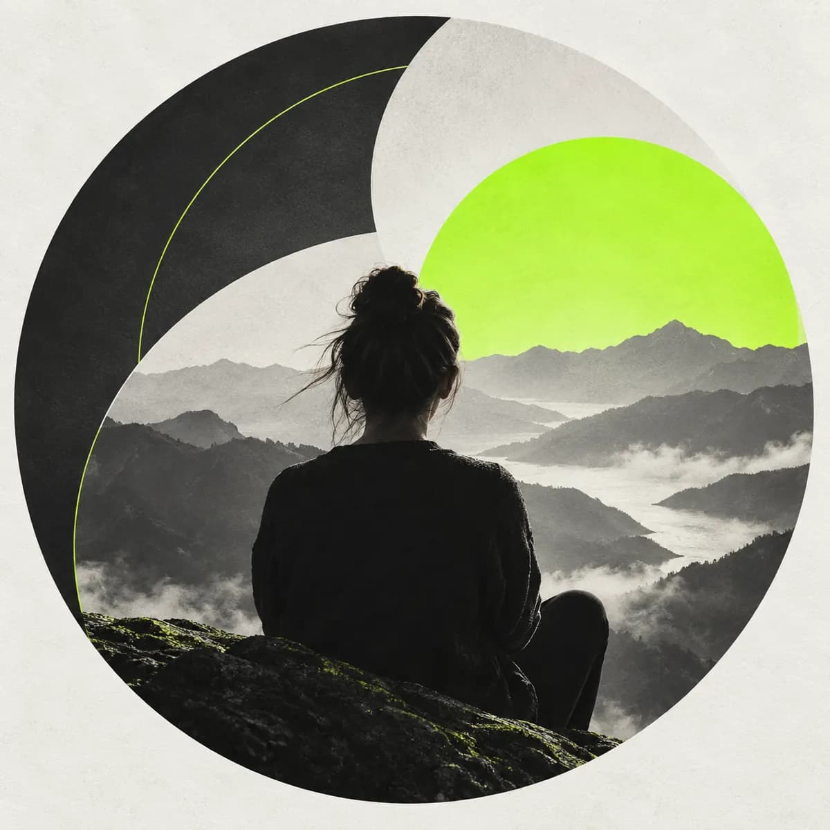 Abstract circular portrait artwork in a lime and charcoal palette