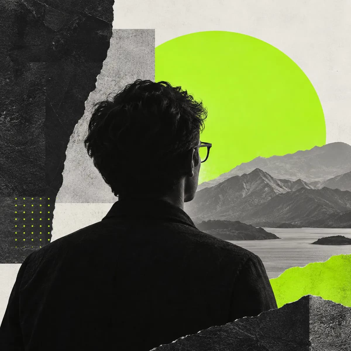 Abstract circular portrait artwork with a graphic silhouette and green accent
