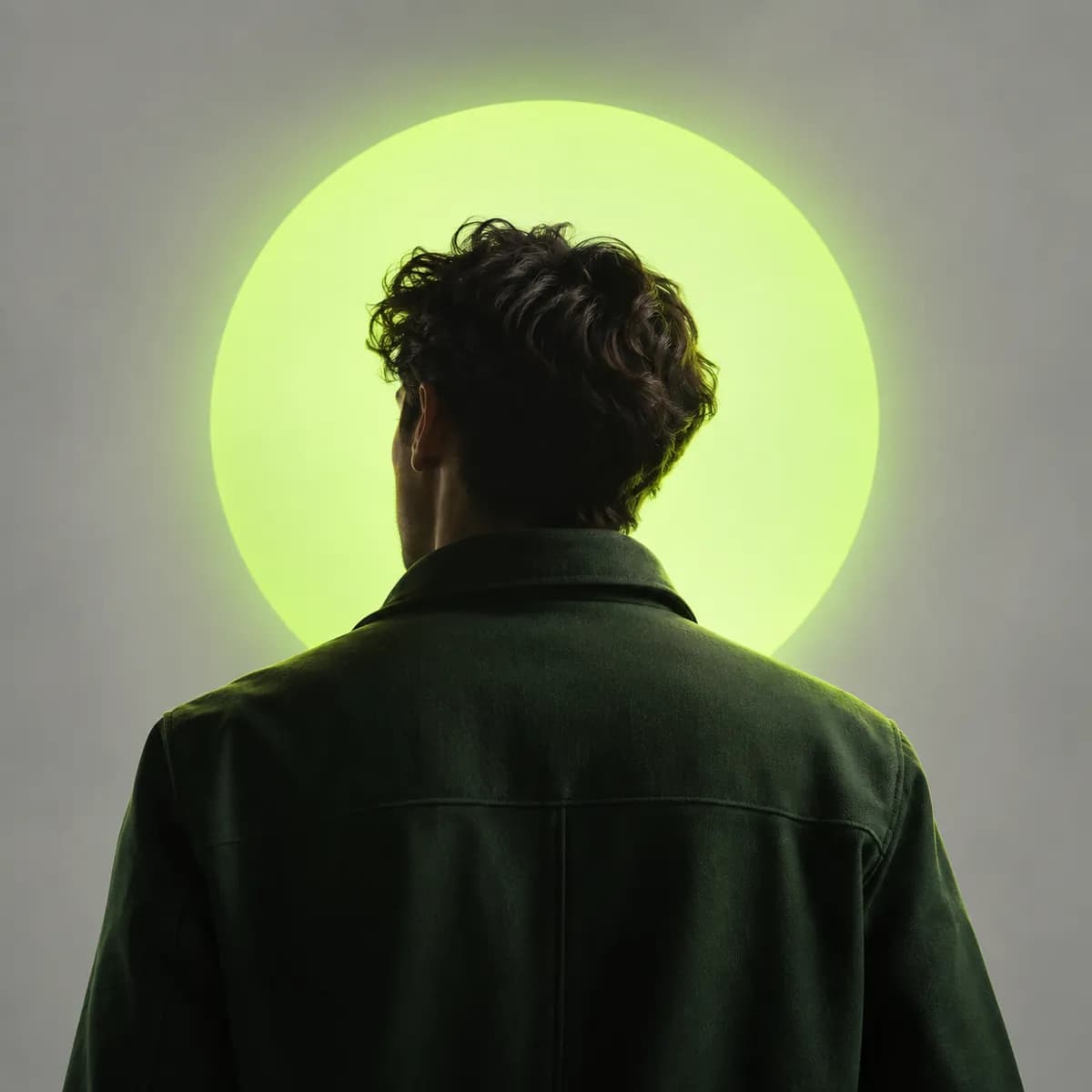 Abstract circular portrait artwork in dark green and pale lime tones