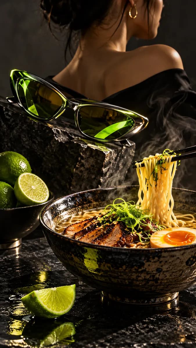 Cinematic fashion scene with reflective eyewear and a noodle bowl