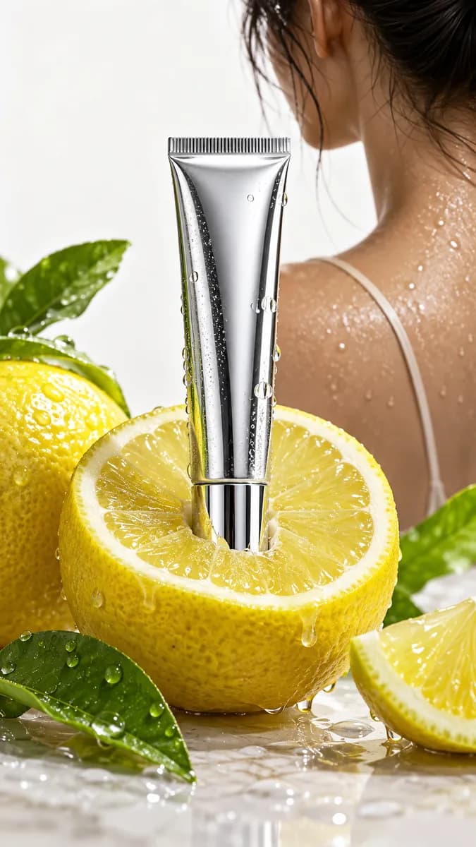 Macro cosmetic still life with a silver tube and citrus slice
