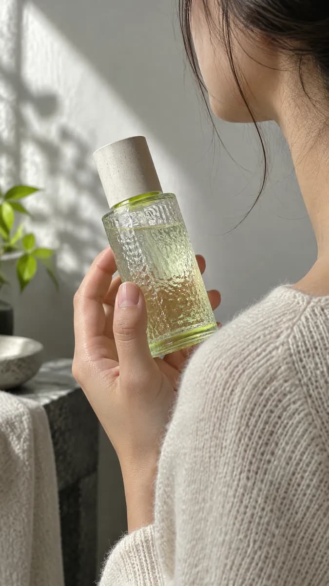 Close product review composition with a textured bottle and soft daylight