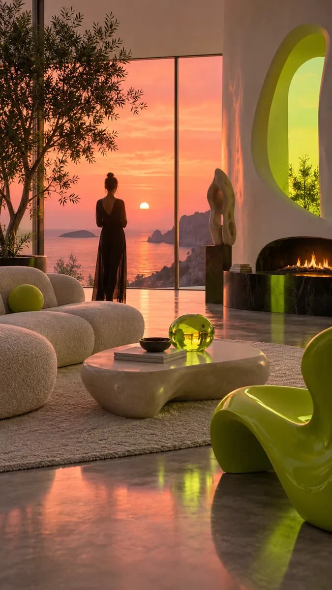 Surreal living room scene with a small silhouetted figure and sculptural furniture