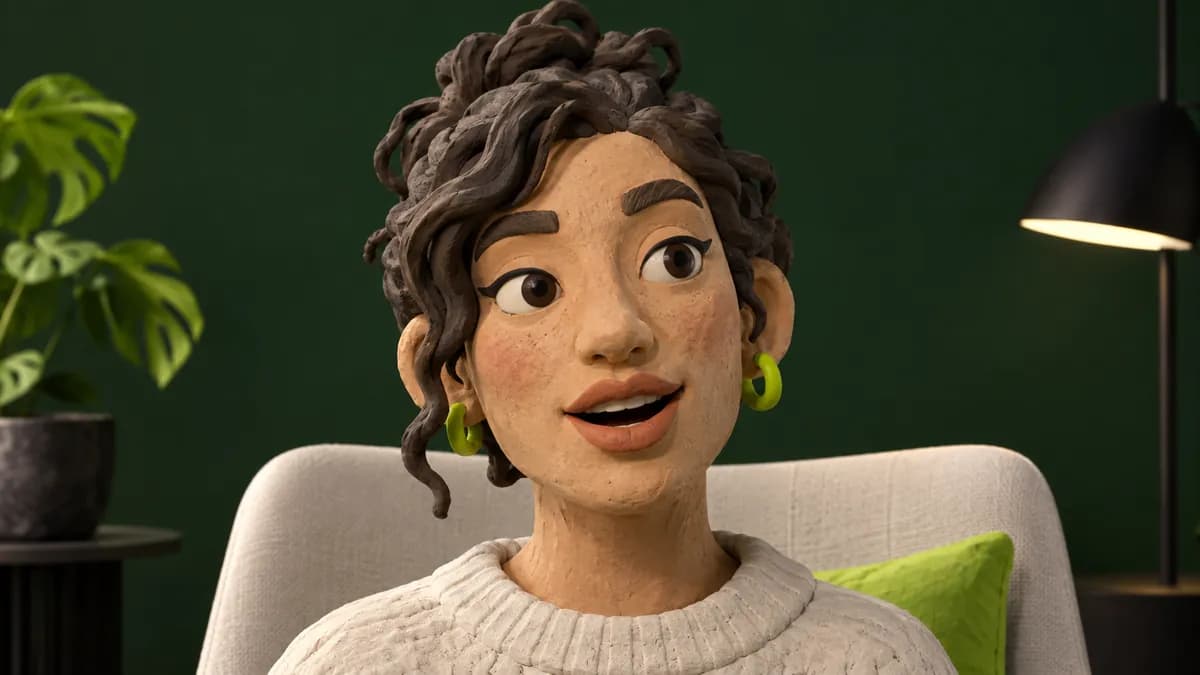 Wide studio portrait composition using a sculptural talking-avatar form