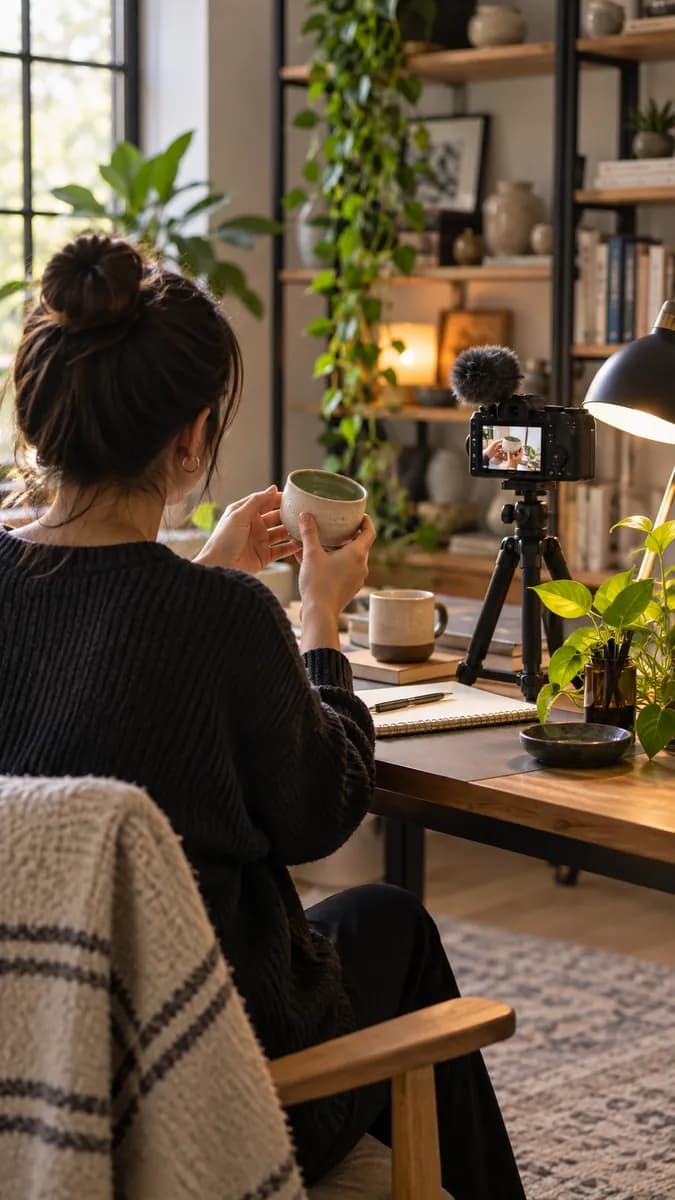 Warm home studio product tutorial scene with a seated silhouette
