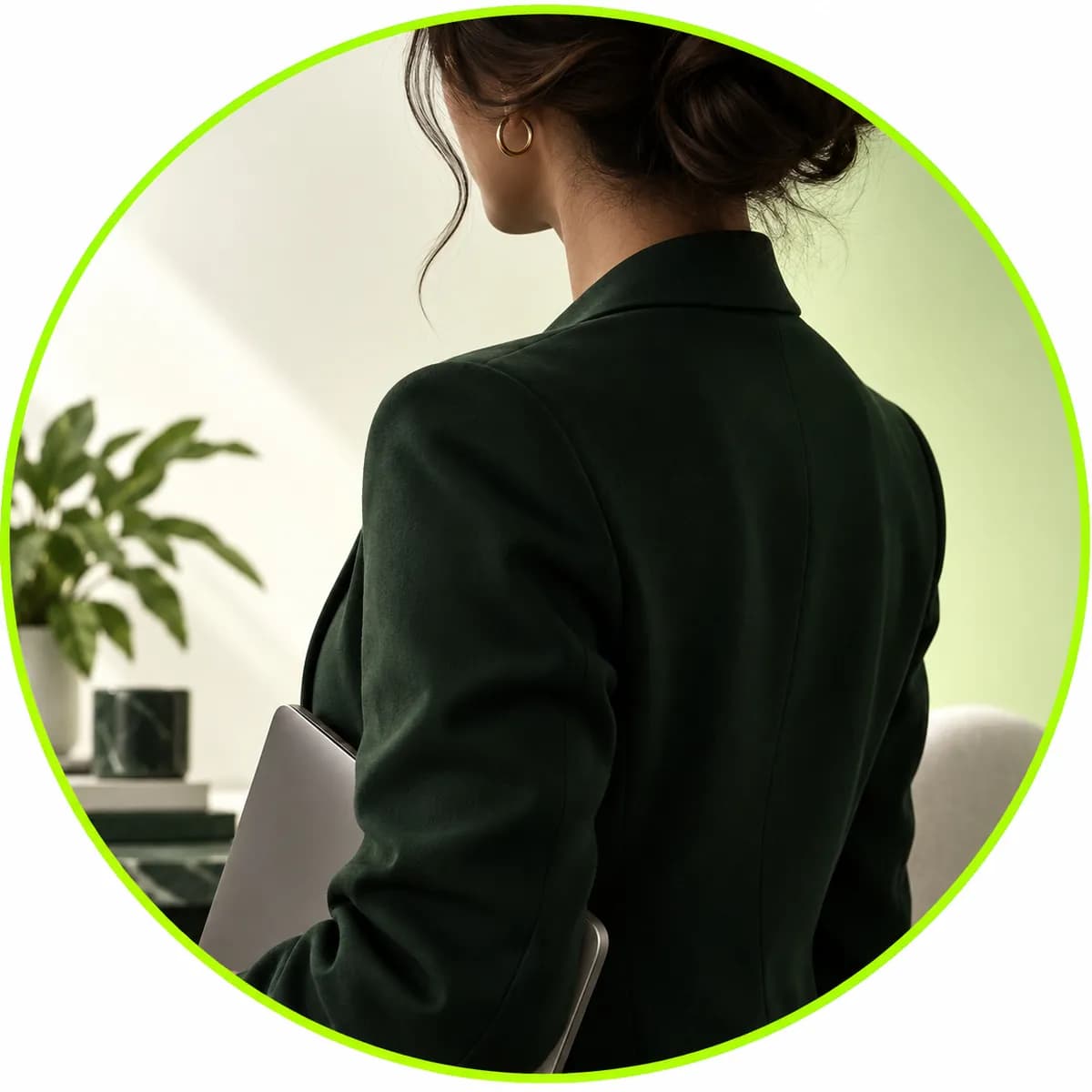 Abstract silhouette portrait of an independent business owner in a dark green jacket