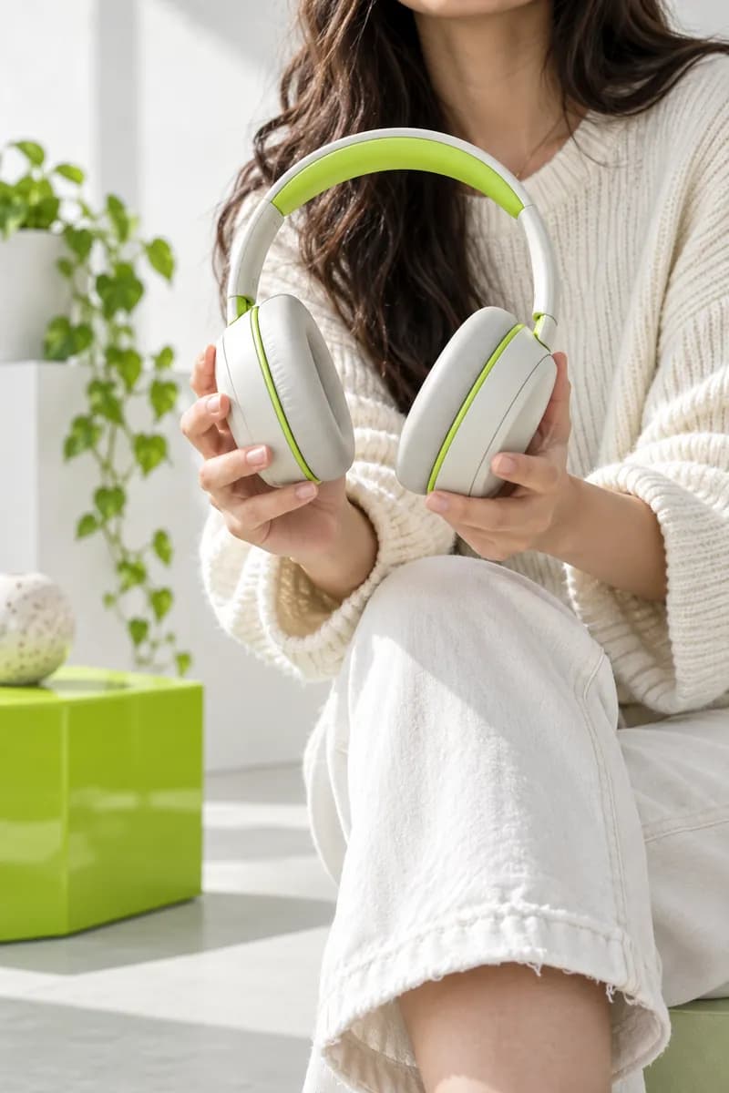 Creator presenting a sleek pair of headphones in a bright studio