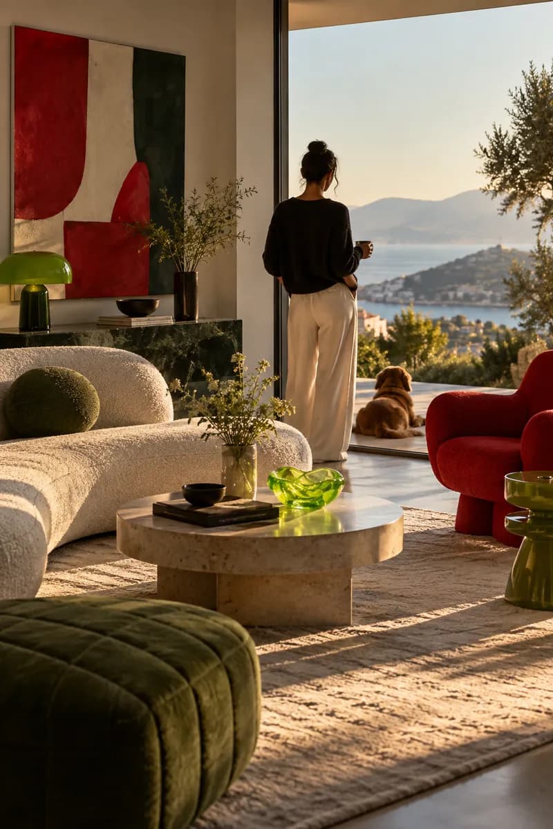 Person standing in a colorful living room scene