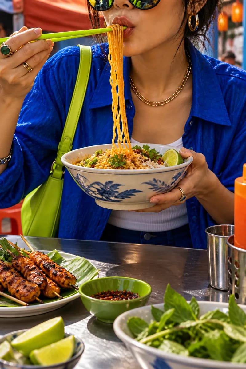 Fashion creator tasting noodles in a colorful street-food scene