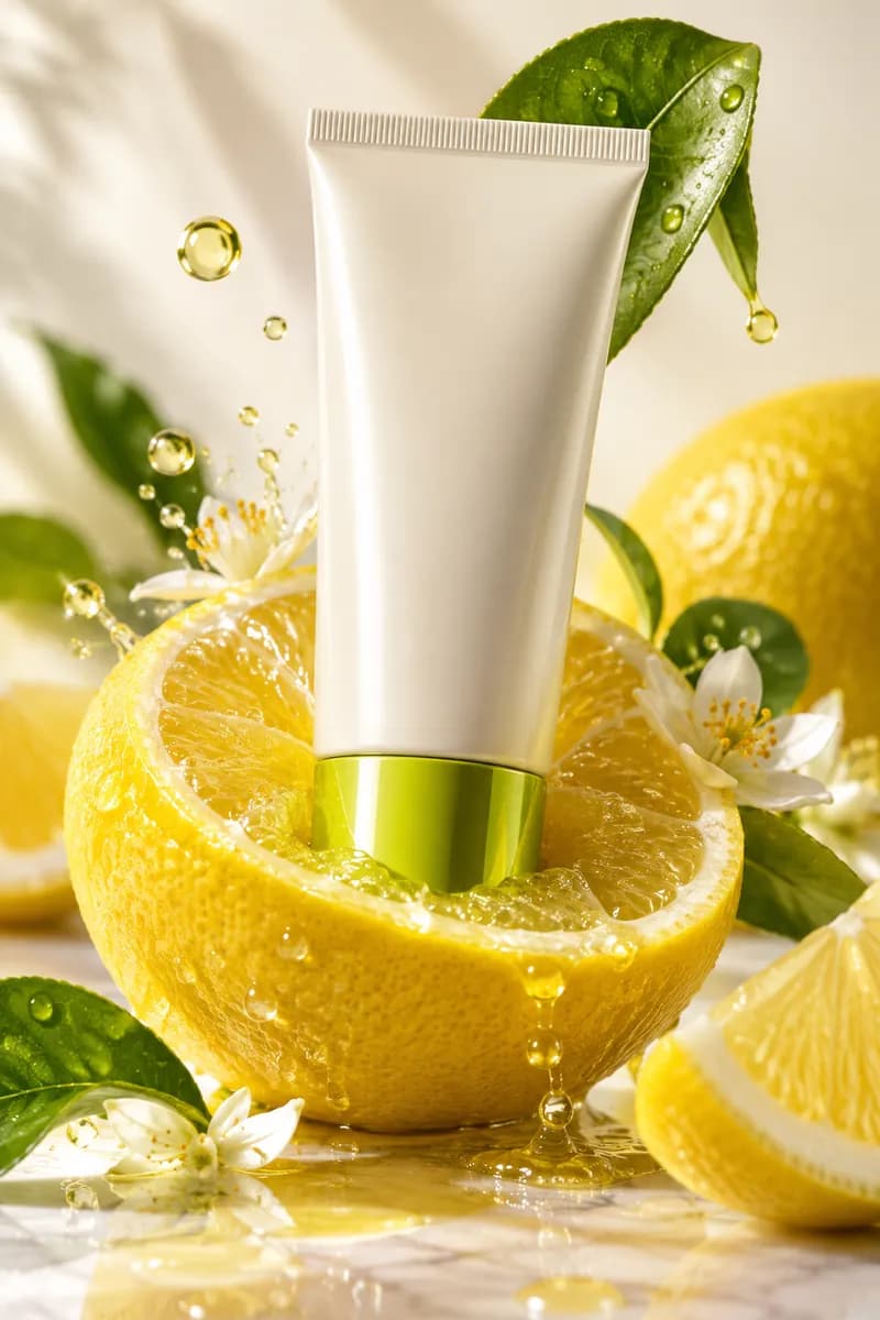Minimal product shot of a bright yellow cosmetic tube on citrus