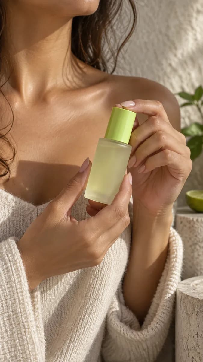 Beauty creator reviewing a skincare bottle against a neutral background