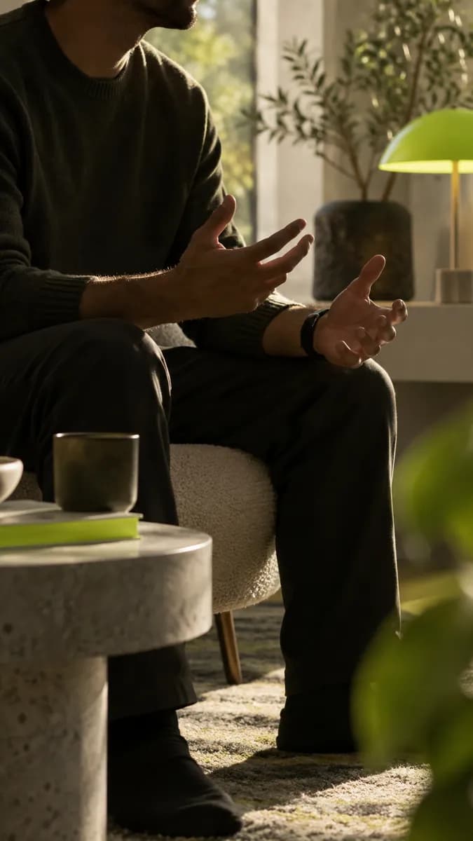 Speaker telling a personal story in a quiet interior