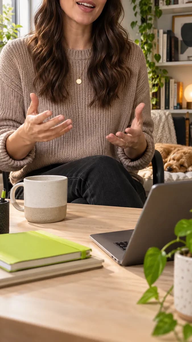 Teacher explaining a concept from a warm home office