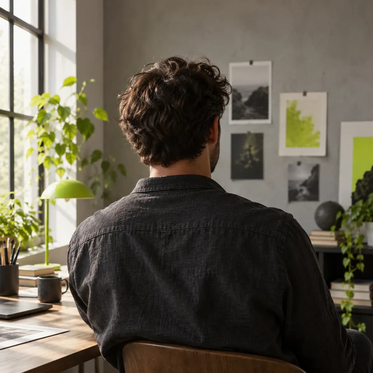 Creative professional shown from behind in a studio setting
