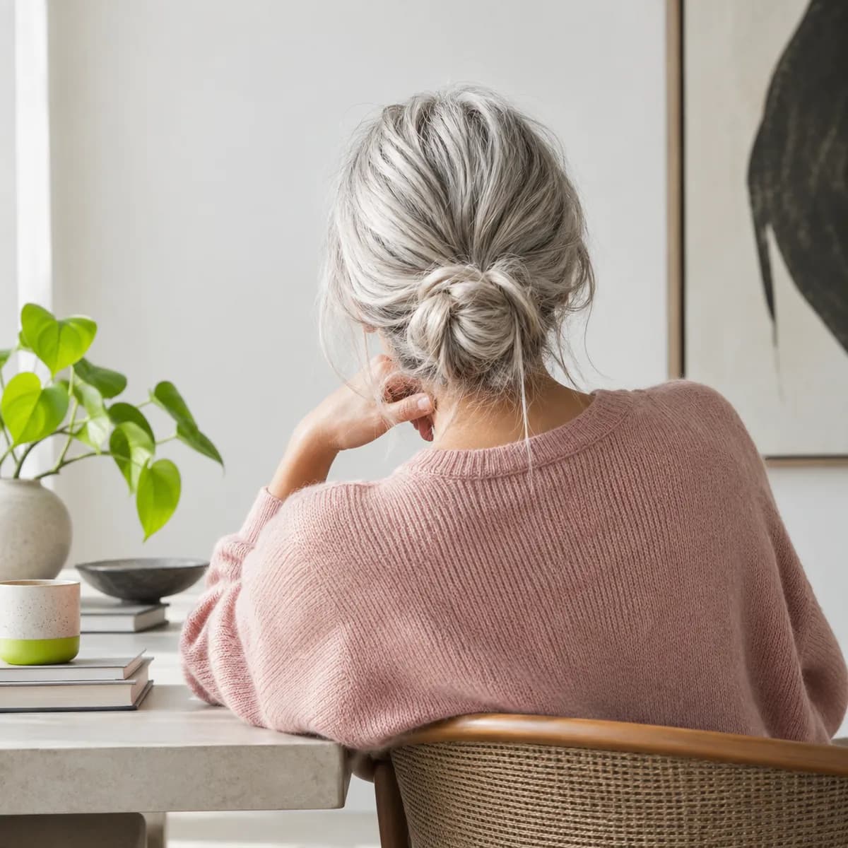 Mature creative professional seen from behind in a soft pink studio