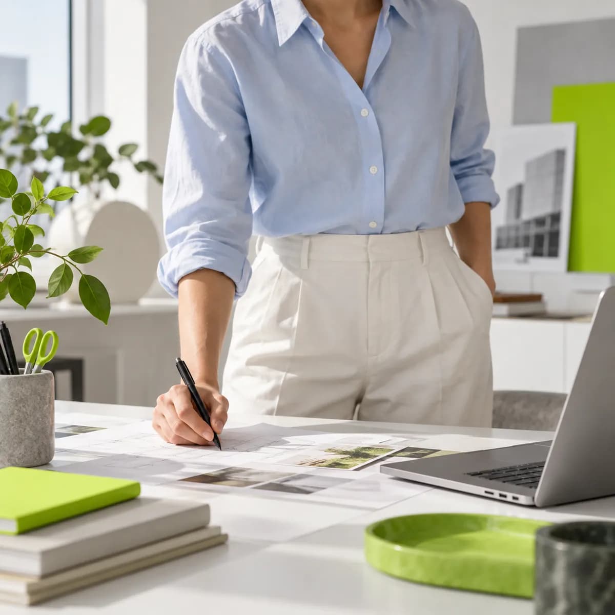 Creative professional cropped below the chin in a modern workspace