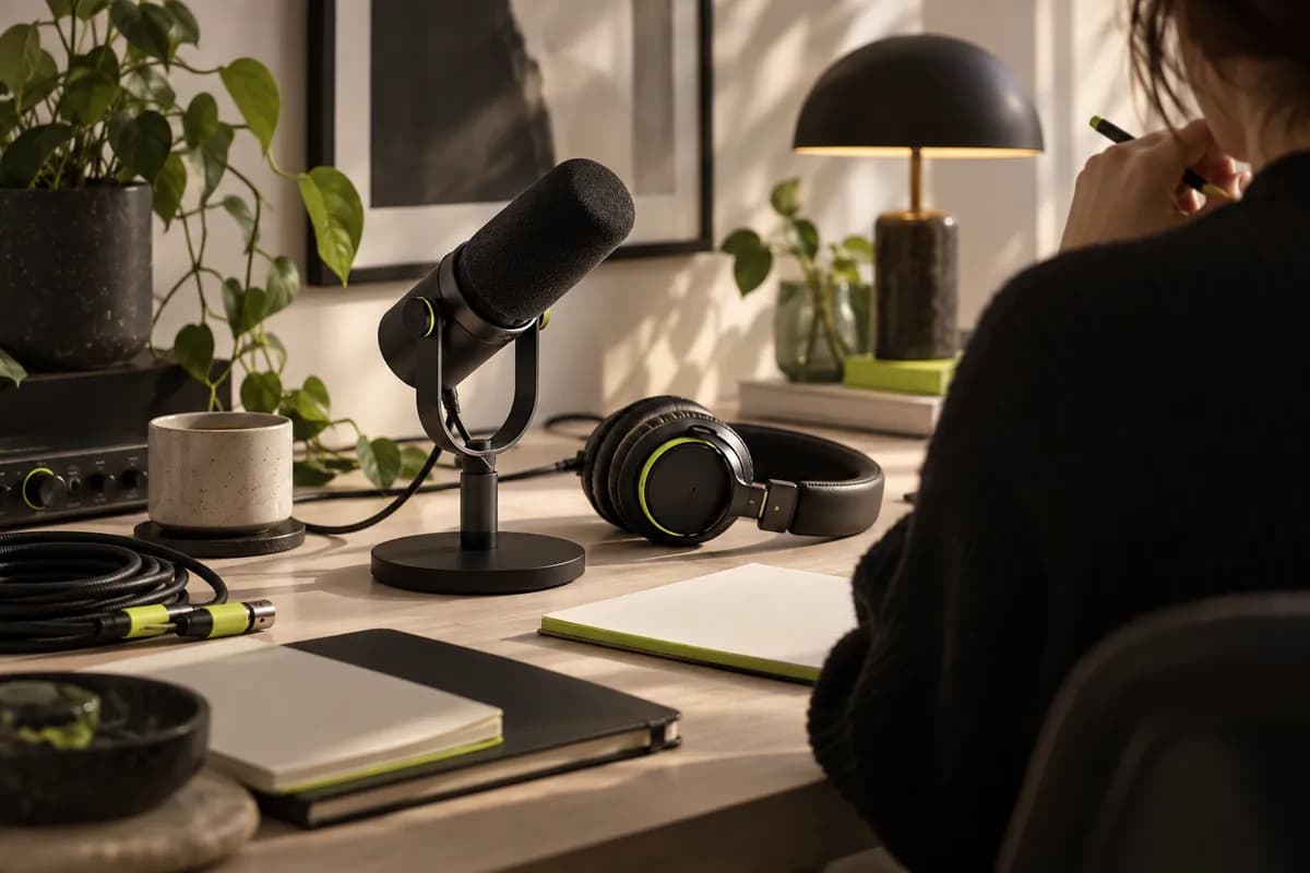 Desktop recording workspace with a tabletop microphone, headphones, and layered sound materials