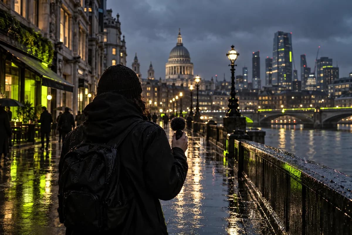 Silhouette of a person holding a microphone on a rainy city street with reflections on the pavement