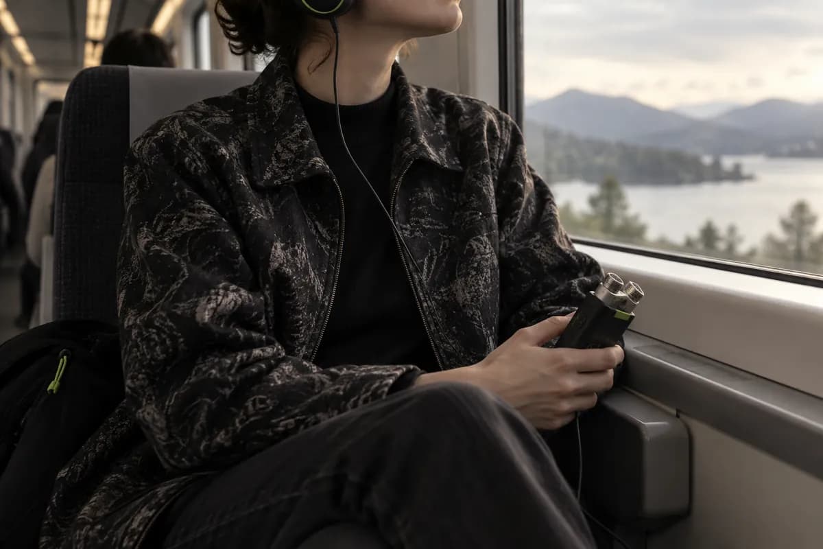 Person cropped below the chin in a modern train carriage wearing headphones and holding a portable recorder
