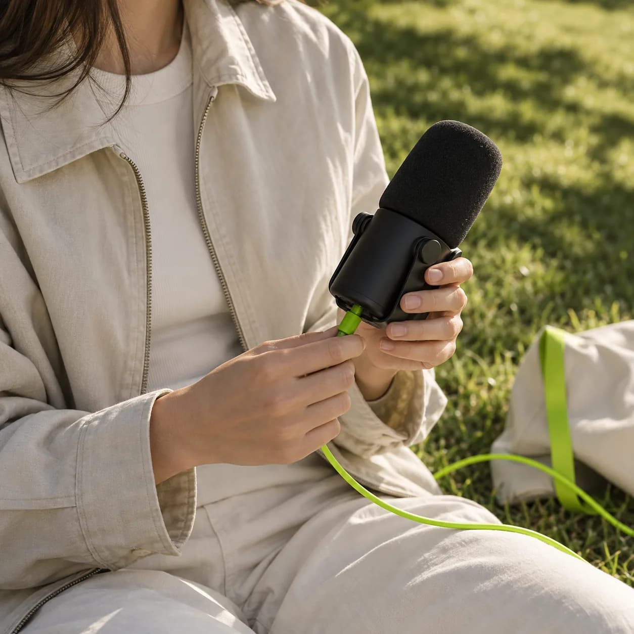Torso-level creative recording scene with a handheld microphone in a sunlit outdoor setting