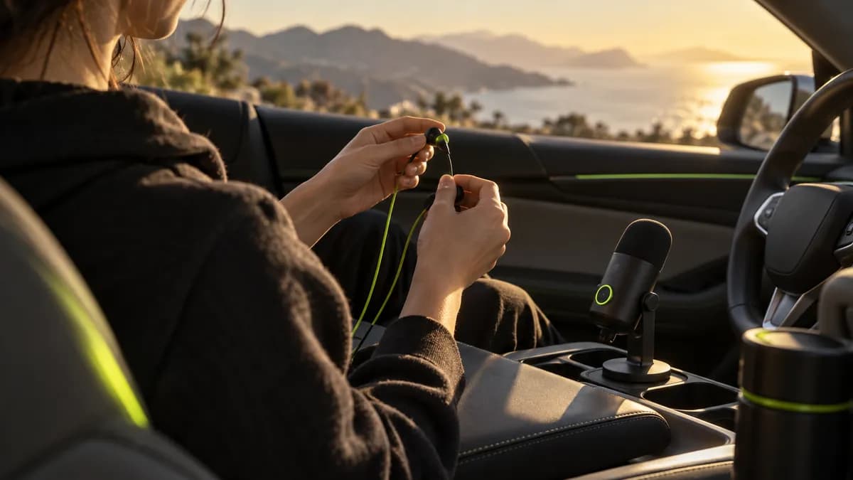 Hands adjusting a small microphone and earbuds inside a sunlit car, representing a clean audio recording workflow