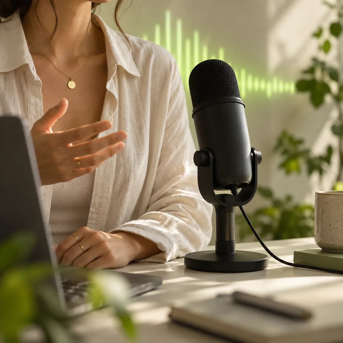 Cropped creator silhouette beside a microphone and glowing waveform light in a calm studio