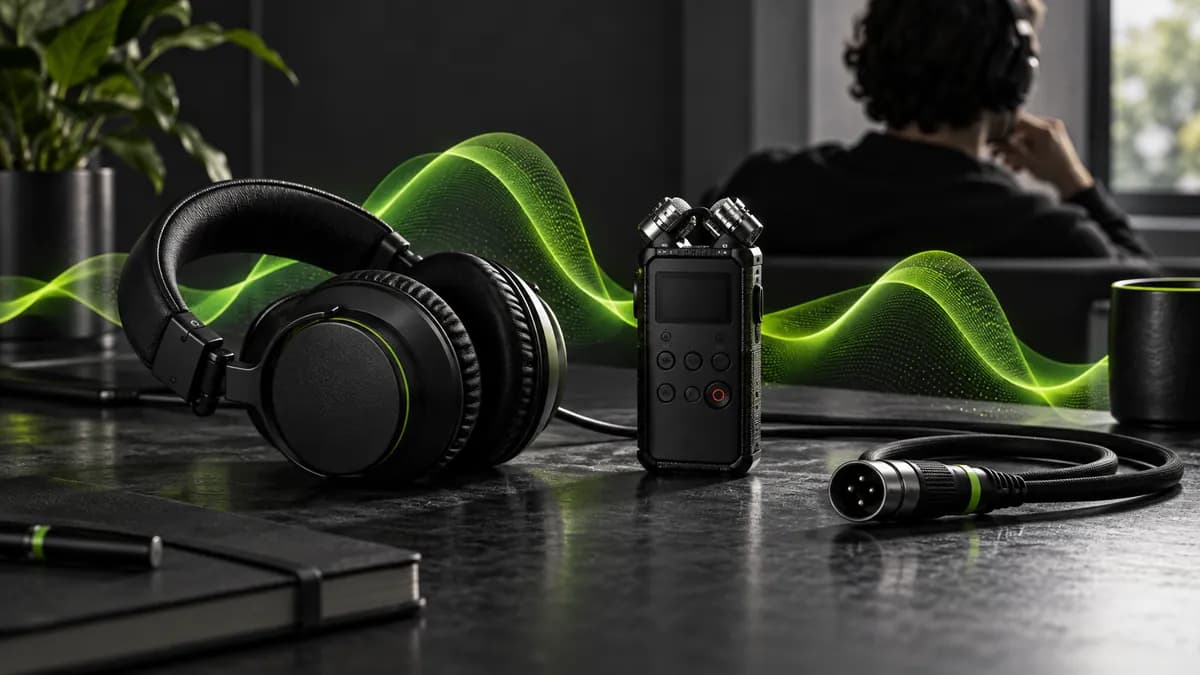 Abstract audio recording setup with glowing lime waveform accents on a dark studio surface