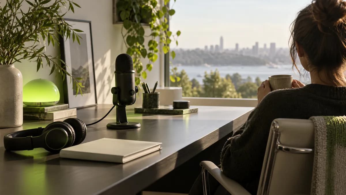 Creative workspace with a microphone, notebook, headphones, and soft lime studio light