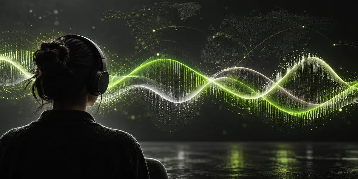 Three abstract luminous waveform trails representing multilingual audio transcription