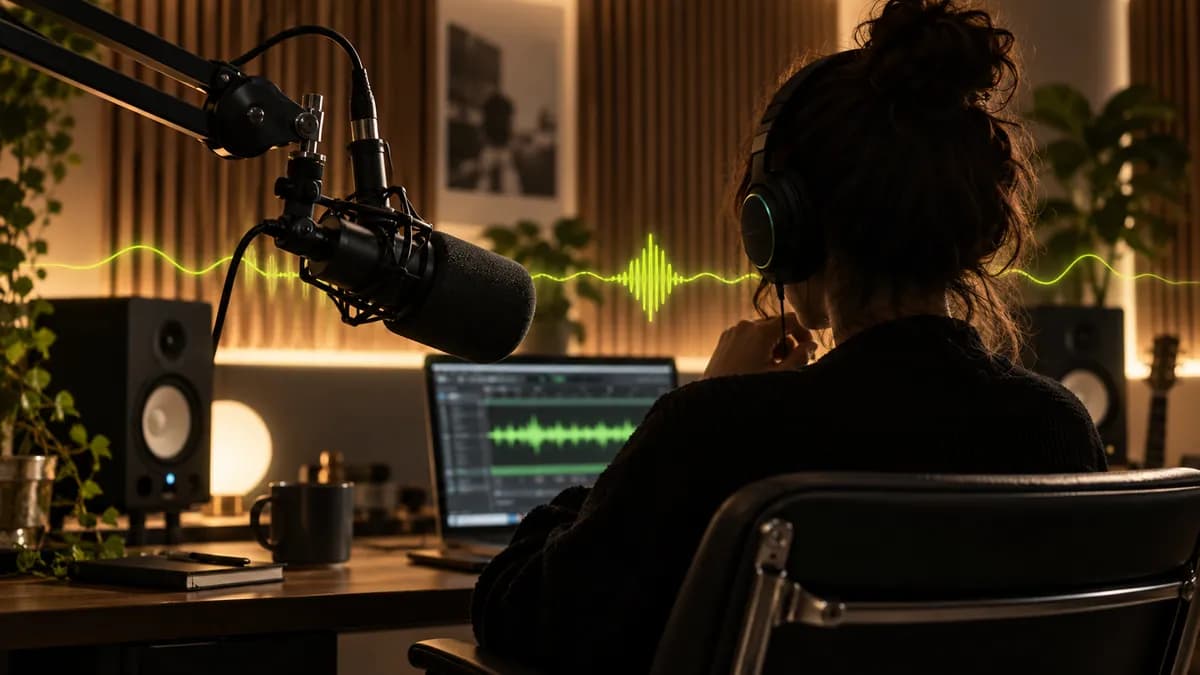 Creator studio scene with a microphone, audio waveform lighting, and a cinematic transcription workflow poster