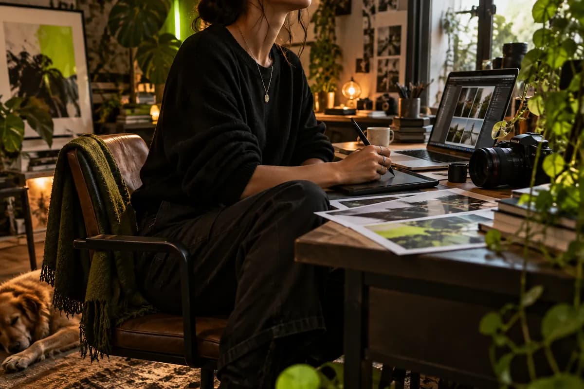 Creative studio with a subtitle editing concept and lime accent lighting