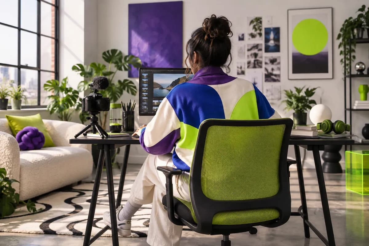 Creator in a colorful studio preparing a branded caption style