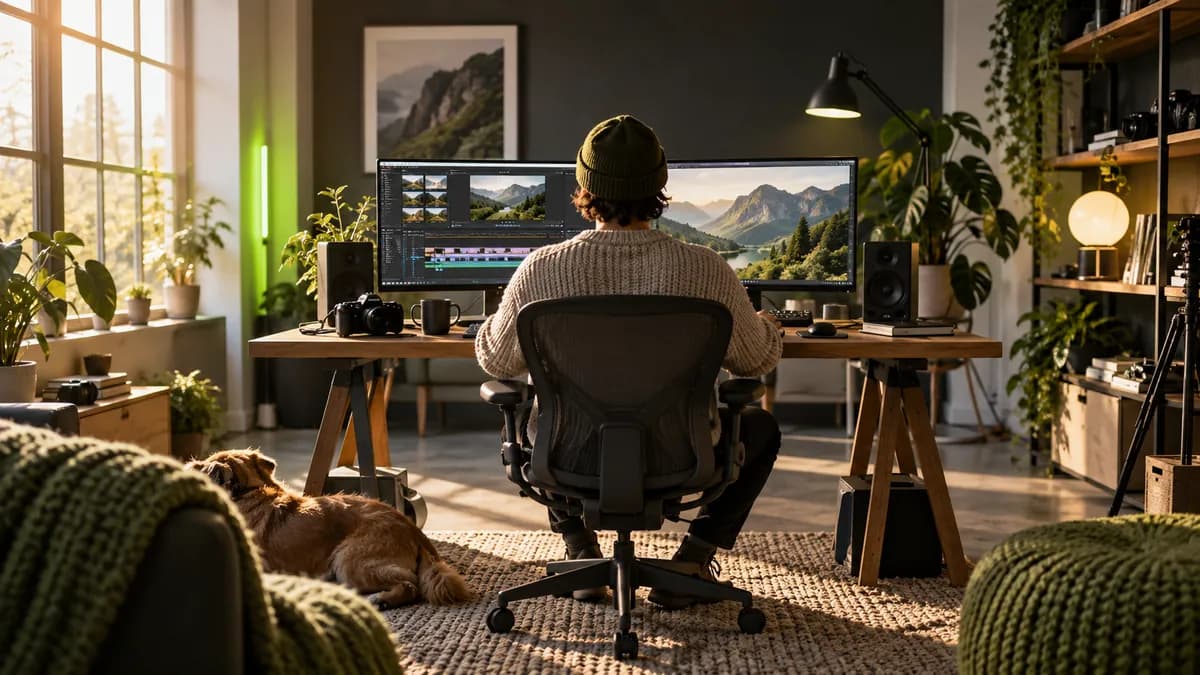 Creator studio scene showing a polished subtitle workflow