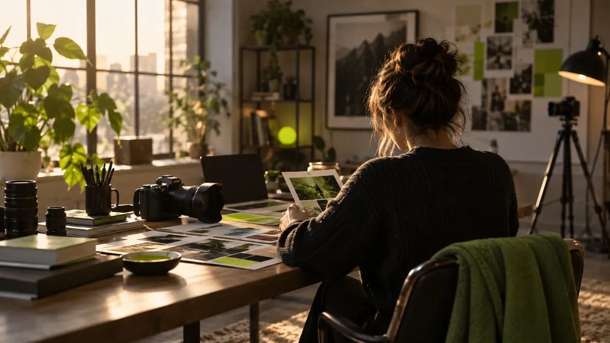 Wide editorial studio scene showing a creator preparing a colorful social video