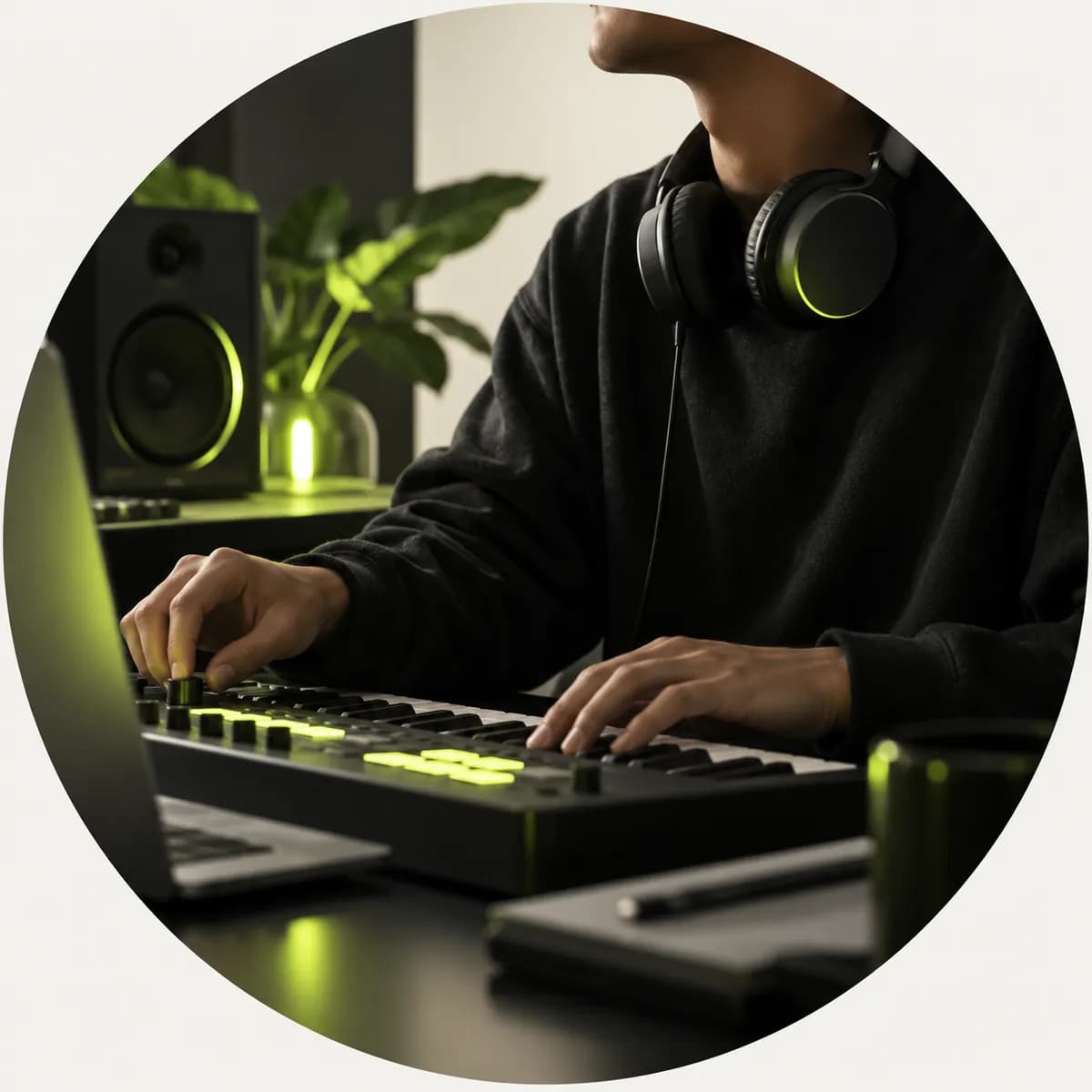 Anonymous studio producer in a cropped portrait with neutral lighting