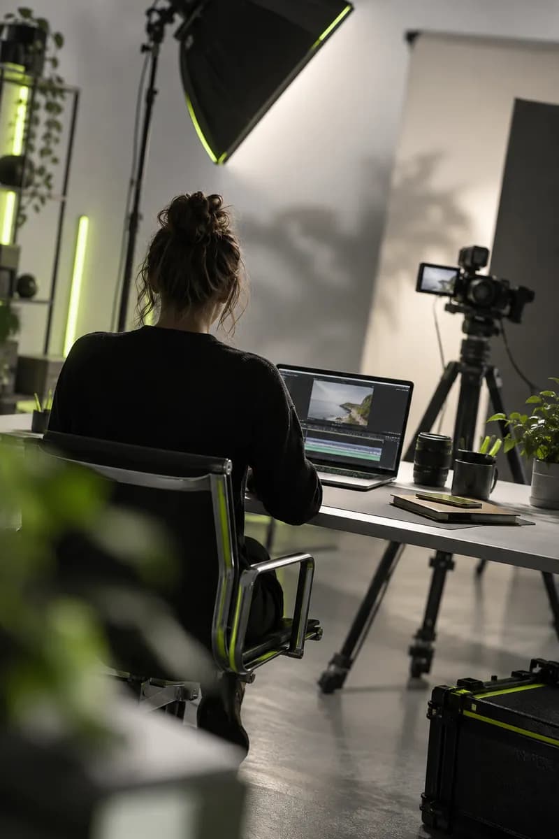 Vertical creative frame showing a person seen from behind while recording content at a desk