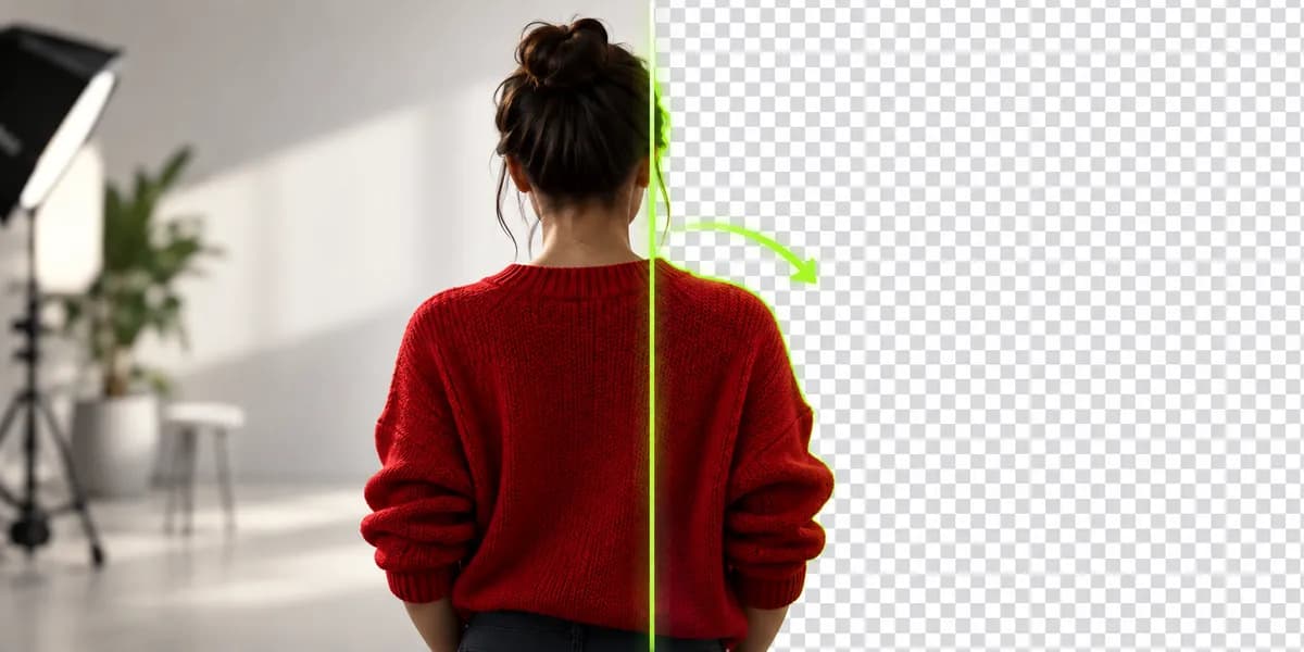 Abstract before-and-after green-screen removal demonstration with a presenter silhouette and transparent checkerboard