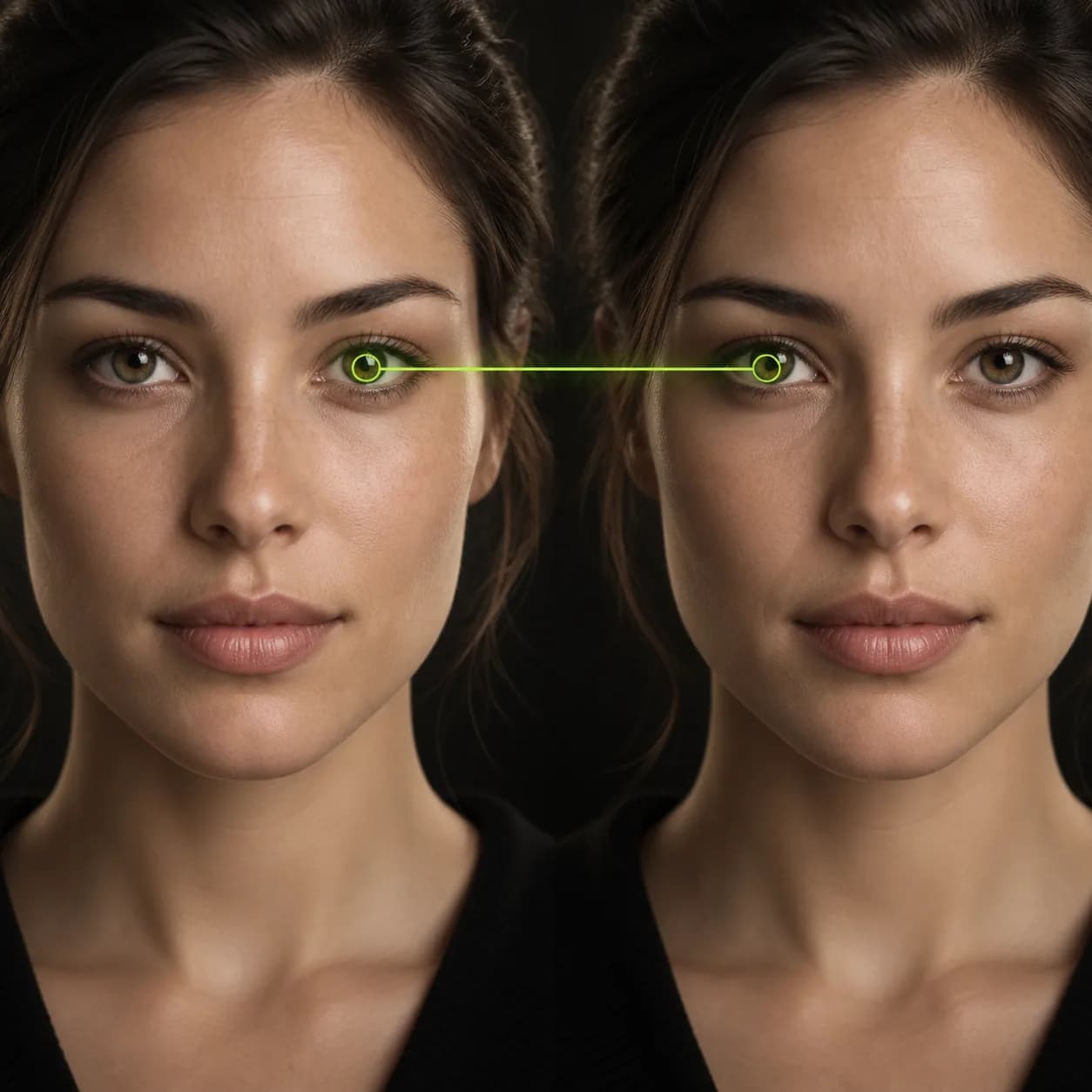Split-screen eye contact visualization with a focused subject and a lime gaze guide