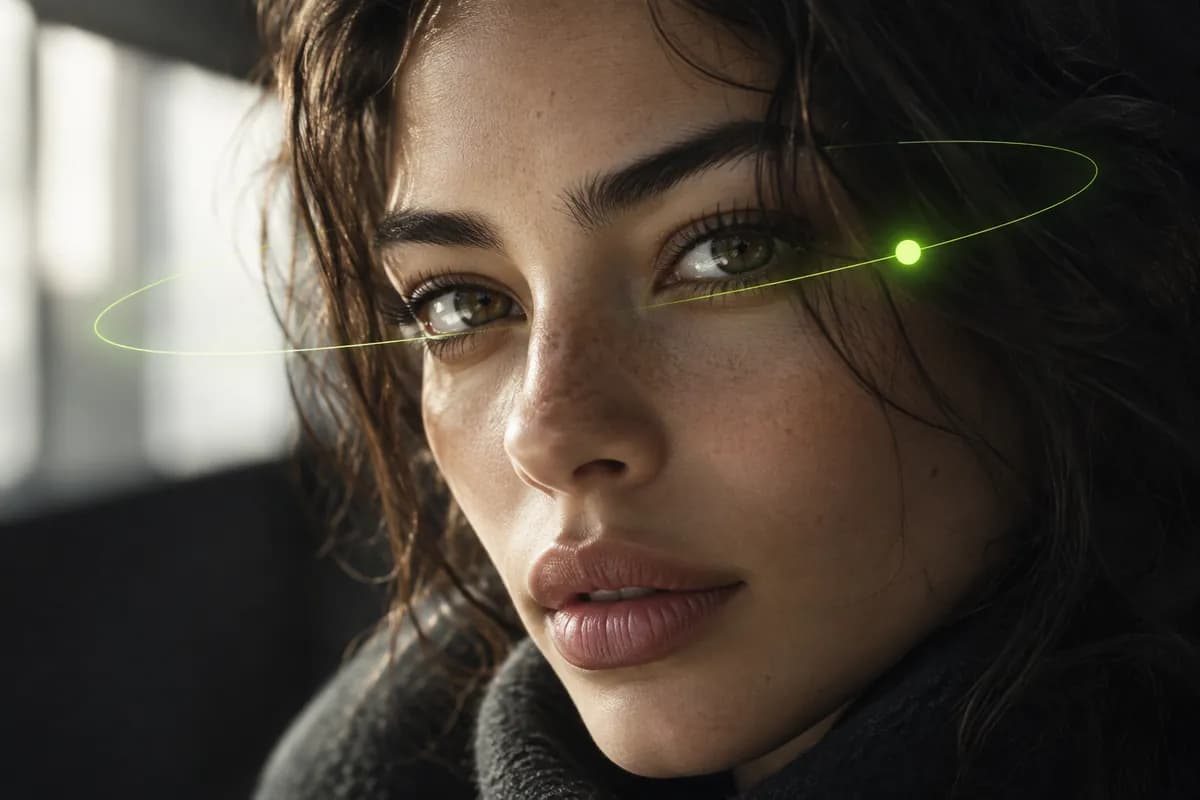 Close-up eye contact demonstration with a lime gaze indicator