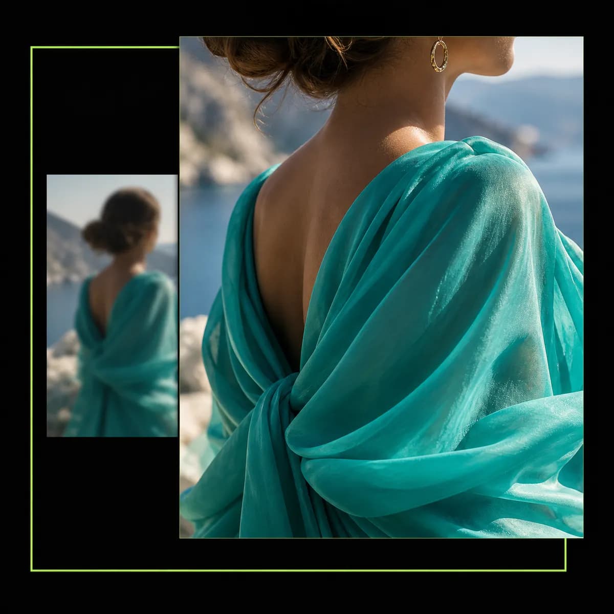 Crisp turquoise editorial image layered over a softer original on a black background