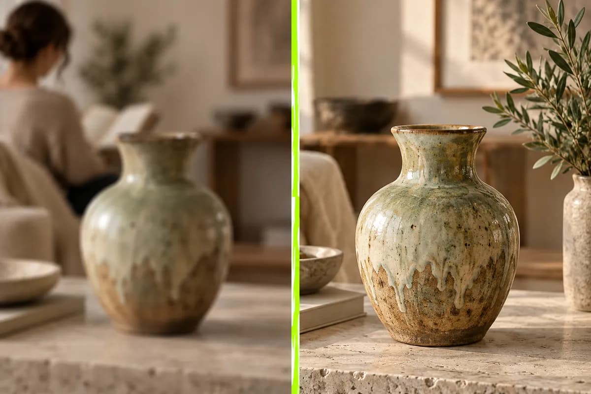 Split editorial photograph comparing a softly blurred image with a sharper enlarged version