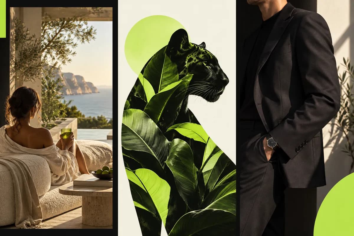 Three colorful editorial image panels arranged in a creative collage