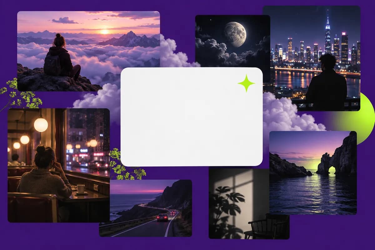 Surreal purple editorial collage with small scenic image panels