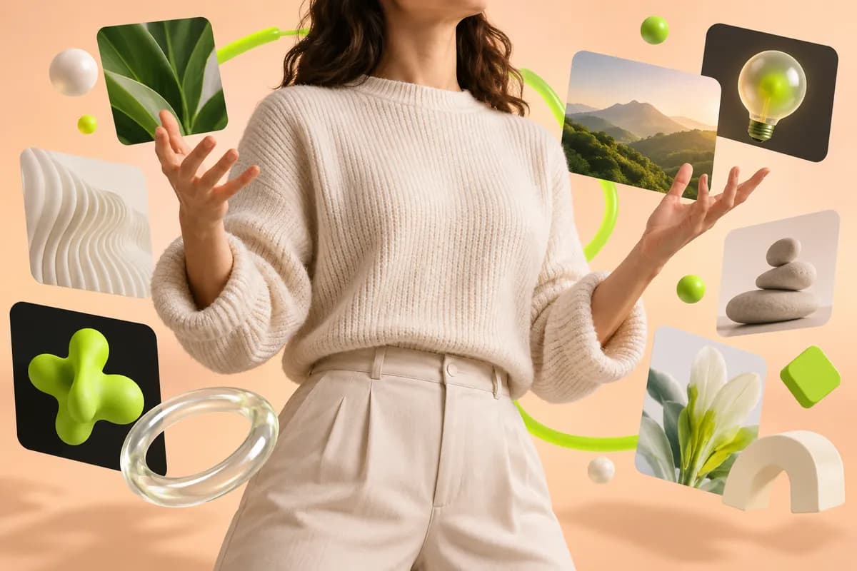Warm peach creative scene with an anonymous presenter cropped below the chin