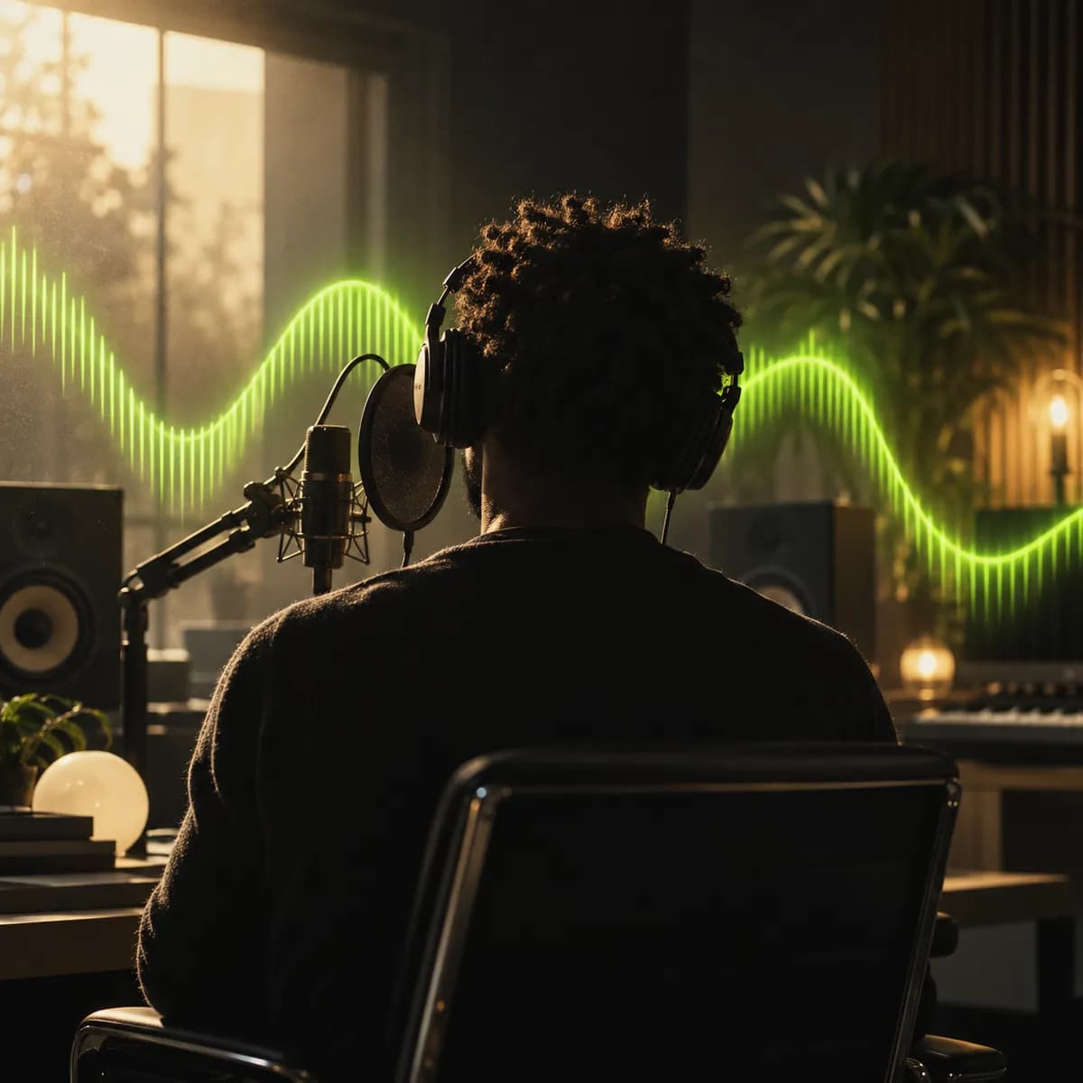 Abstract cinematic speaker silhouette with a bright lime waveform