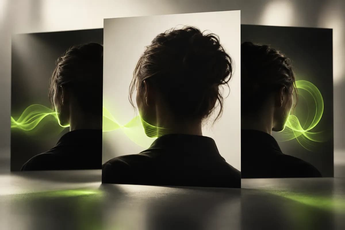 Layered editorial frames showing a speaker silhouette with synchronized lime sound waves