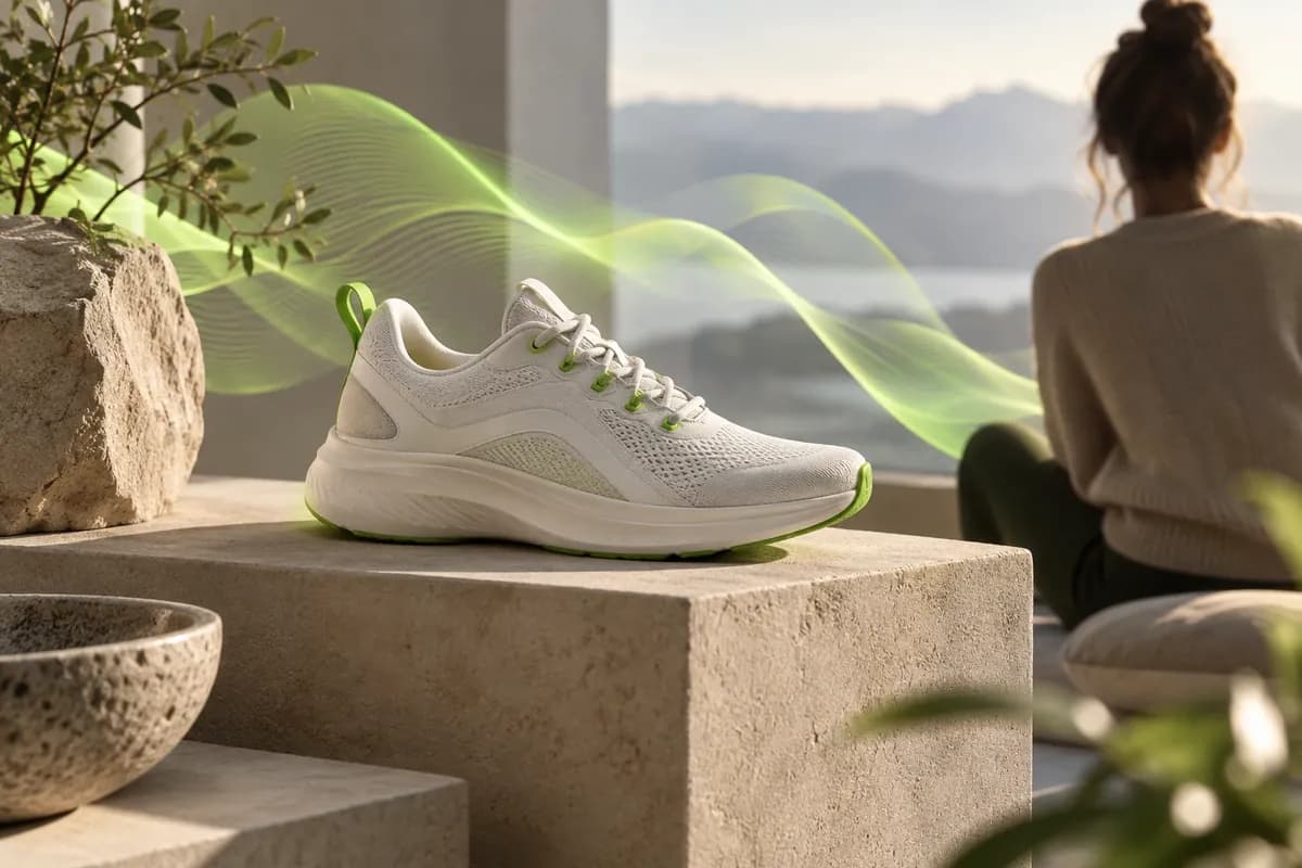 Studio still life of a white and green sneaker beside luminous audio waves