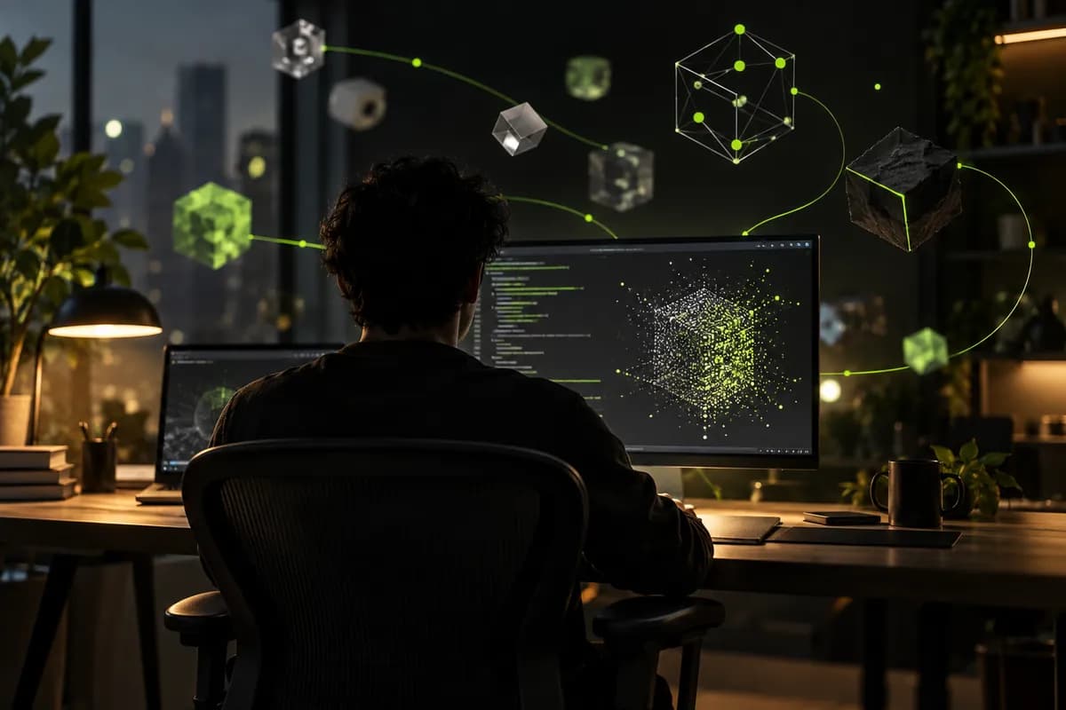 Abstract developer workspace with a speaker silhouette and floating code shapes