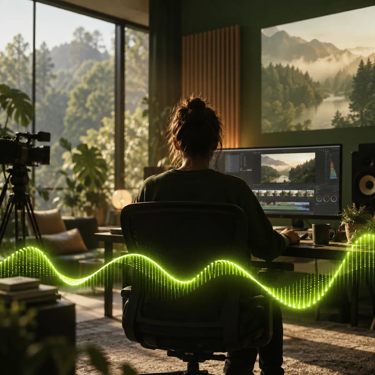 Abstract vertical video still with a silhouetted presenter and a bright lime sync waveform